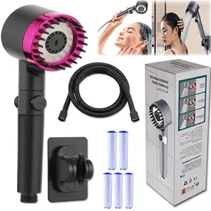 The 5-in-1 pressurized handheld shower head features one-touch on/off control and cool mist mode, a universal 59-inch hose, a drill-free mount, and 6 filters, making it ideal for a comfortable massaging shower.
