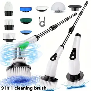 Electric spin scrubber, Cordless, Waterproof, with 8 brush head replacements, adjustable extendable handle, long handle scrub. suitable for household floor, room, bathroom scrubber, bathtub, tile and vehicle cleaning. cleaning brush, tool. 9 in 1 brush.