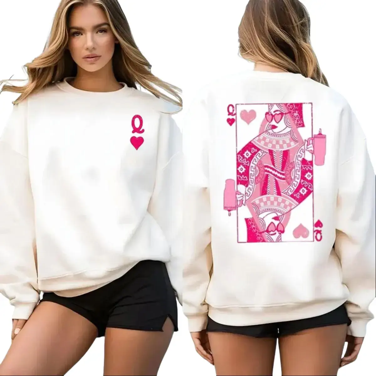 Queen Of Hearts Sweatshirt, Valentine's Day 2 Sides Hoodie, Cards, Games Shirt, Unisex Sweater Pullover Tee Fit Cotton