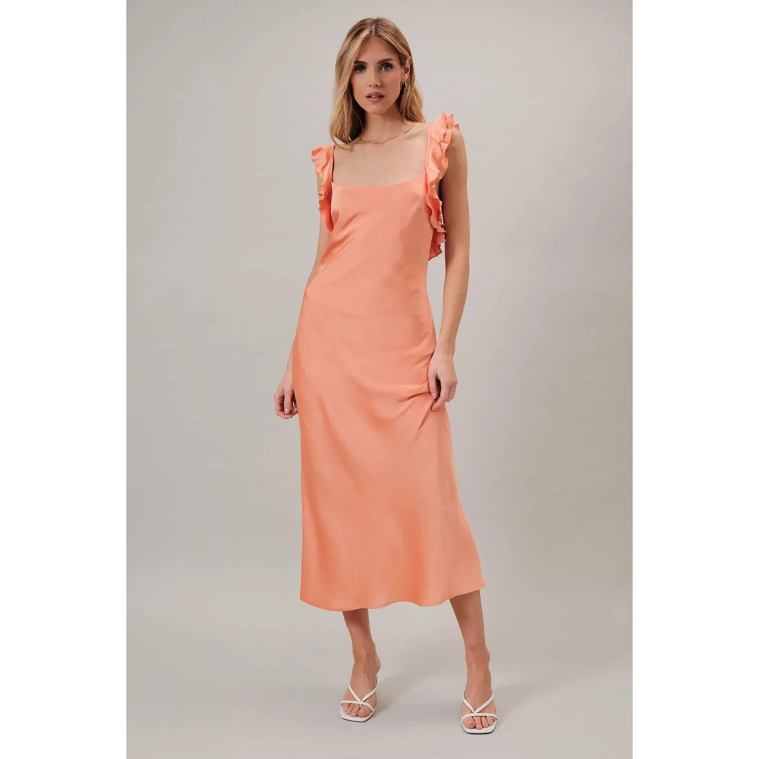 Just Peachy Satin Ruffle Sleeve Dress