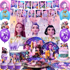112pcs Kpop Girls Birthday Party Decoration Set Pink and Purple Balloons, lates Cups Napkins,Background Cloth, Pull Flag, Balloons, Cake Topper for kids Birthday Party Decorations