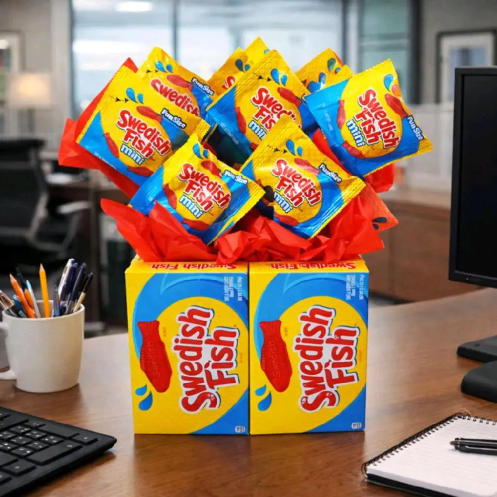 Swedish Fish Candy Bouquet - Festive Packaging with Yellow and Blue Design, Perfect for Gift Giving and Celebrations