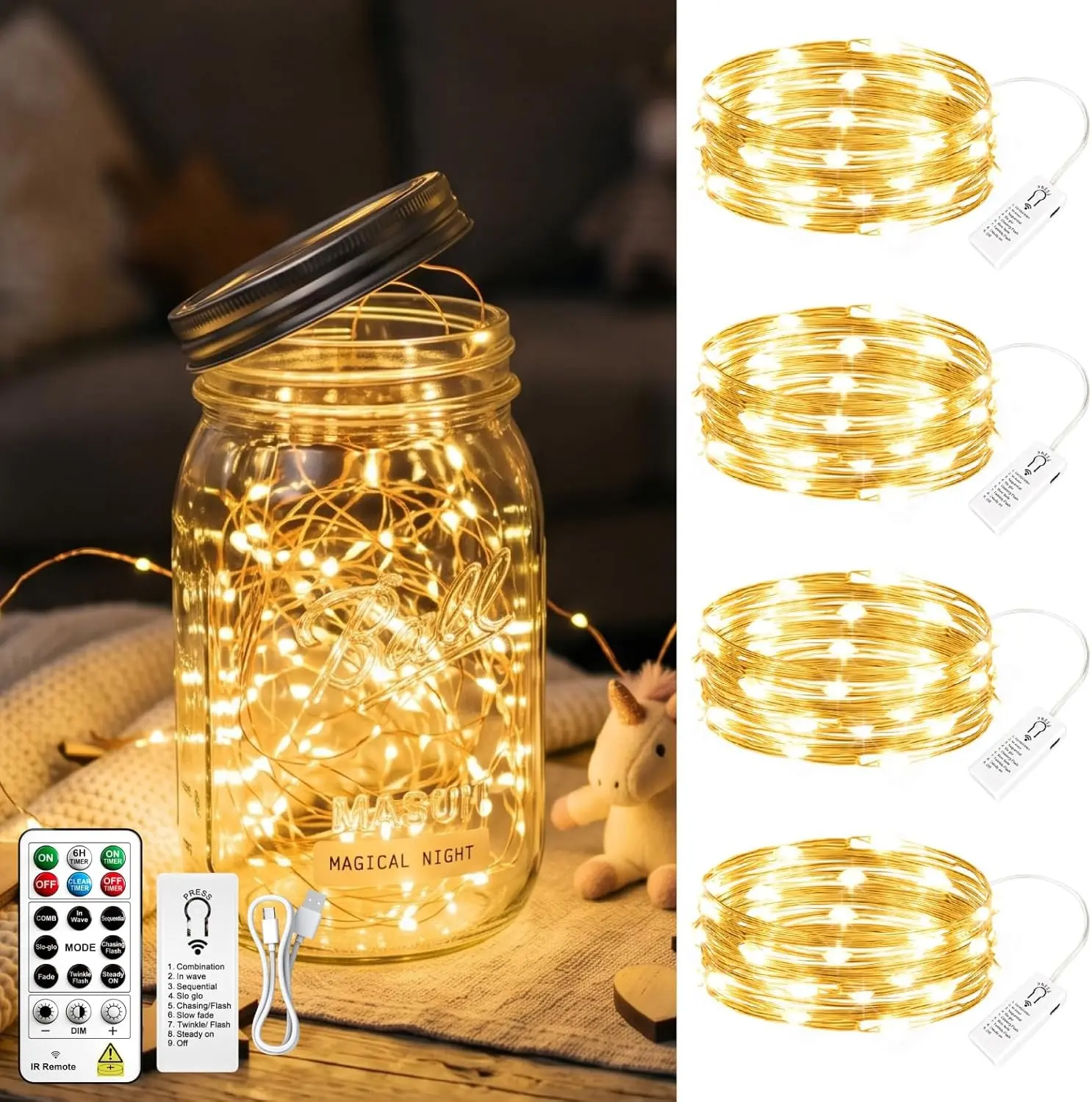 4-Pack Rechargeable Fairy Lights with Remote & DIY Timer, 7Ft 20LED Mini Battery String Lights, 8 Modes & Dimmable, Twinkle Copper Wire Lights for Indoor Christmas Bedroom Wedding Decor (Warm White)