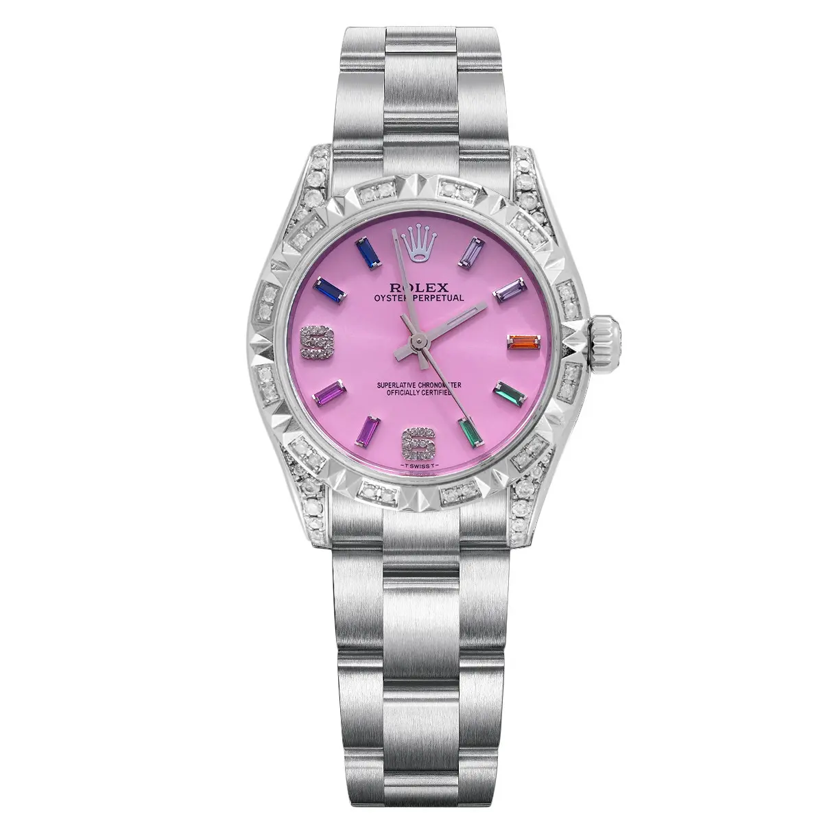 Rolex Oyster Perpetual 177200 Automatic 31mm with Aftermarket Pink Dial and Aftermarket Diamond Bezel in Stainless Steel WHT029950 Joyce