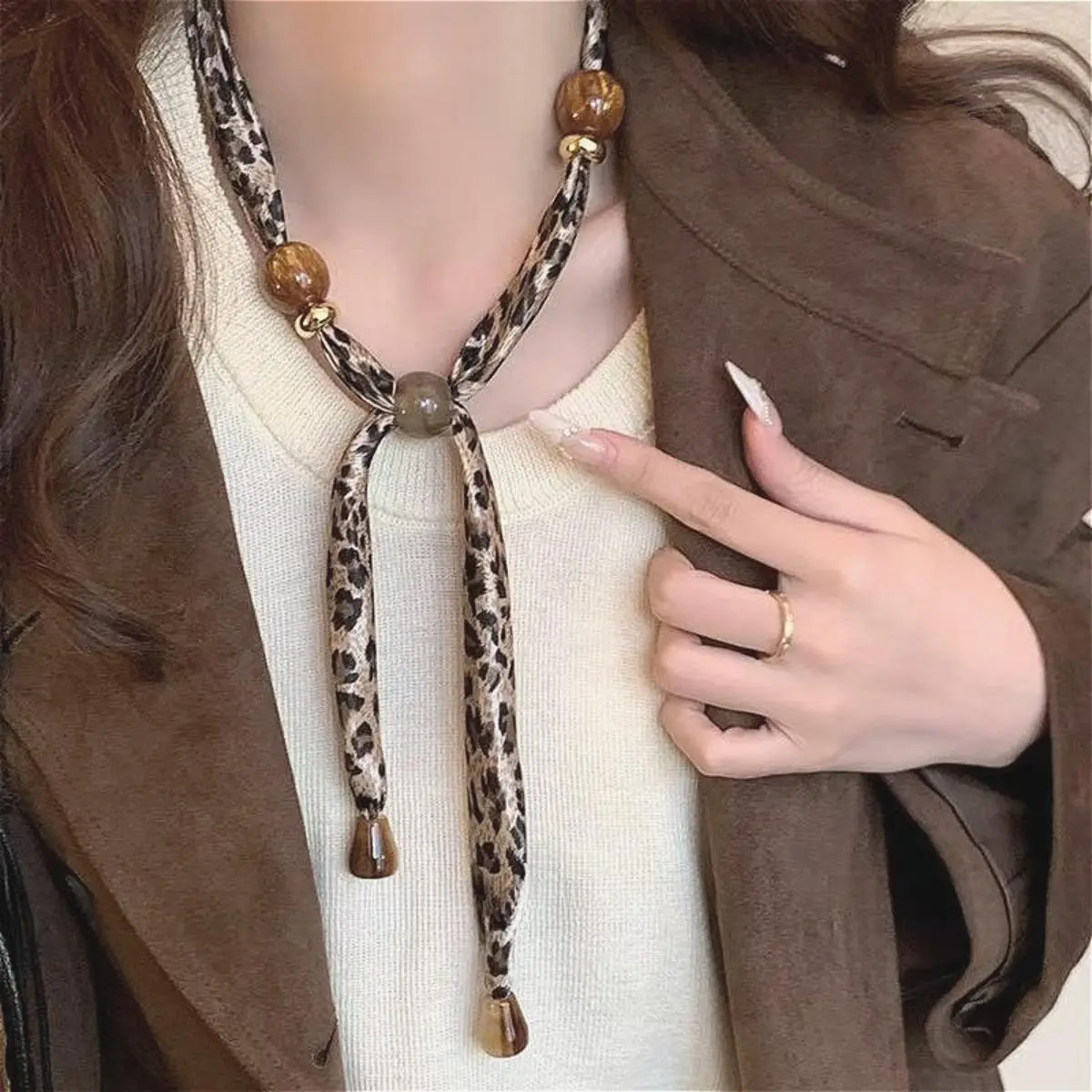 Scarf Necklace for Women, Leopard Print Silk Fabric with Artisanal Beading, Adjustable for Parties and Daily Wear, Adjustable Necklace, Wedding, Casual, Animal, Silk Blend, Draped Look, Bead Accents, 2026 Trend Forward, Artisanal Beadwork, Bold Print Neck
