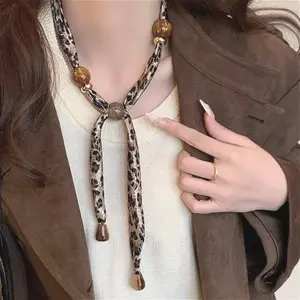 Women's Adjustable Length Leopard Print Handmade Beaded Silk Scarf Necklace, 2026 Niche Fashion Design, Elegant Premium Material Accessory with Exquisite Temperament, Hand Finished, for Daily Wear, Adjustable Necklace, Handmade Beaded Necklace