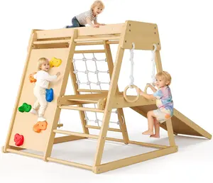 Indoor Playground 6-in-1 Jungle Gym Climbing Toys, Wooden Climber Playset with Slide, Climbing Rock, Monkey Bars, Climb Net, Climbing Rock, Rings, Christmas Toys for Kids, Natural