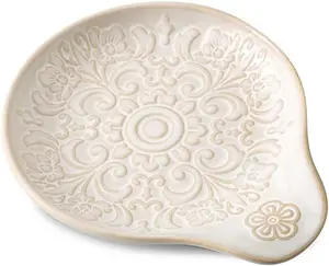 Farmhouse Ceramic Spoon Rests Holder for Kitchen Counter Stove Top (White-A1)