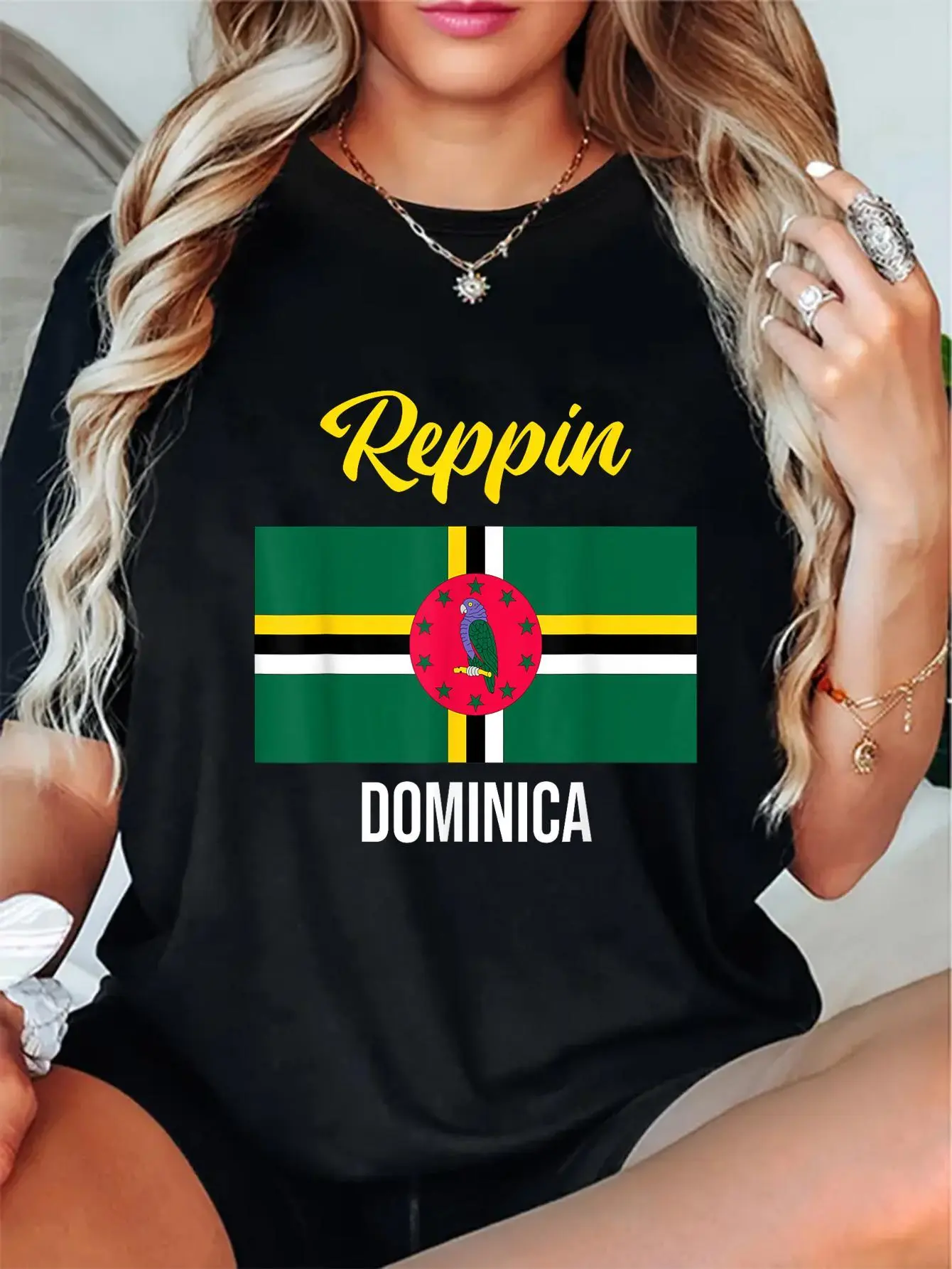 100% Cotton Unisex Printed Round Neck Short Sleeve T-Shirt Dominica Flag Reppin West Indies Vacation T Shirt T-Shirt