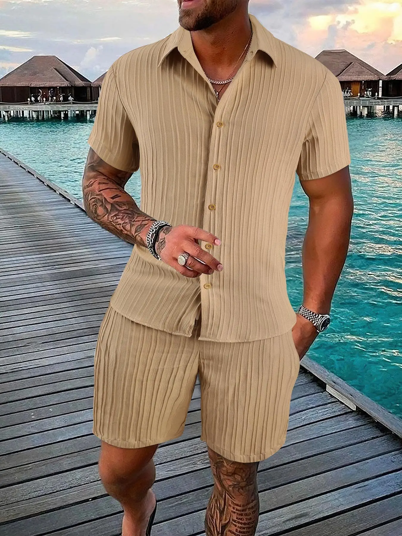 2 Pieces Men's Outfits Set, Regular Fit Solid Textured Button Shirt & Drawstring Waist Shorts, Back-to-school Clothing, Casual Boho Summer Outfits for