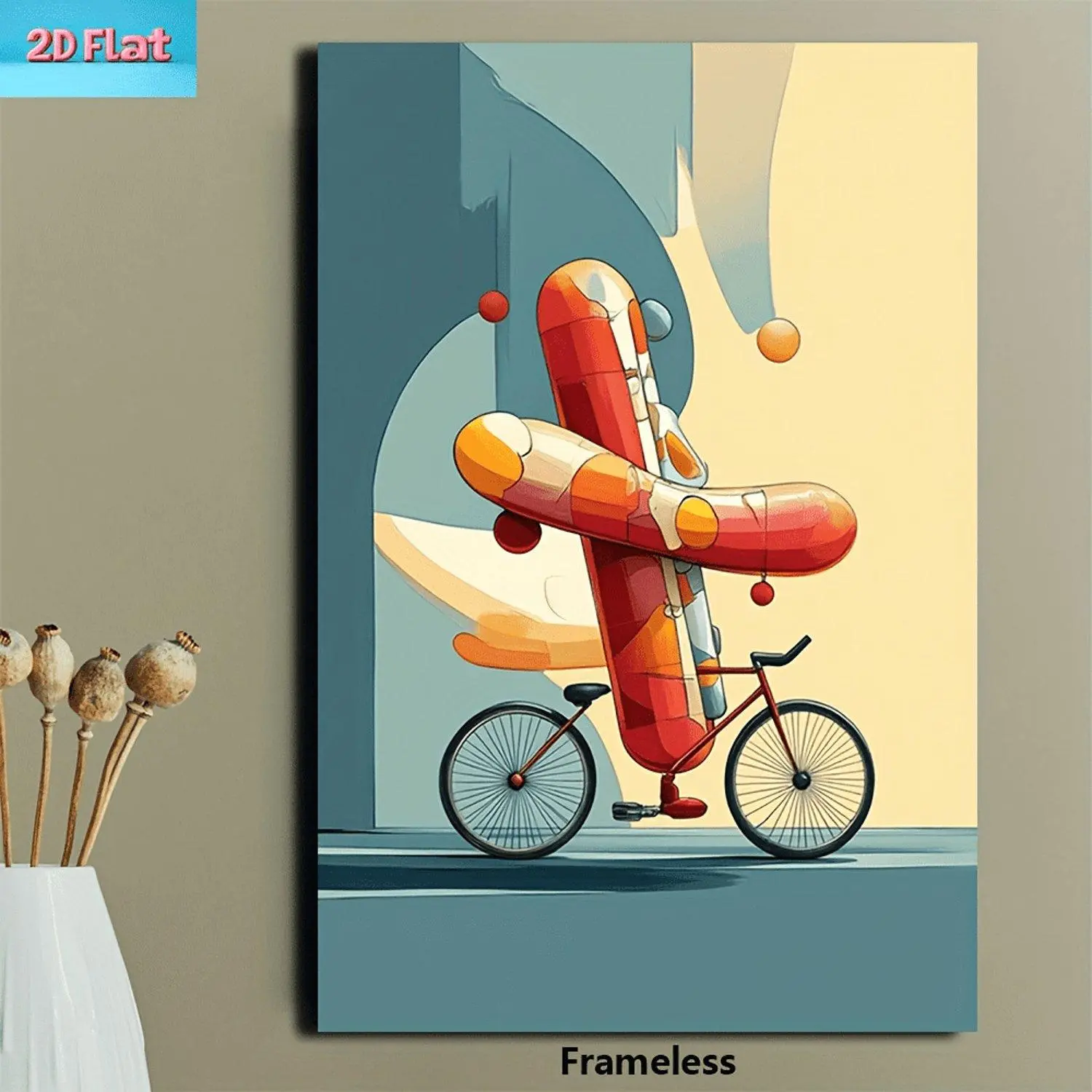 2D Flat Frameless Vertical Hot Dog and Ketchup Bottle Canvas Wall Art Whimsical Poster for Kitchen Living Room Cafe Bedroom Minimalist Decor