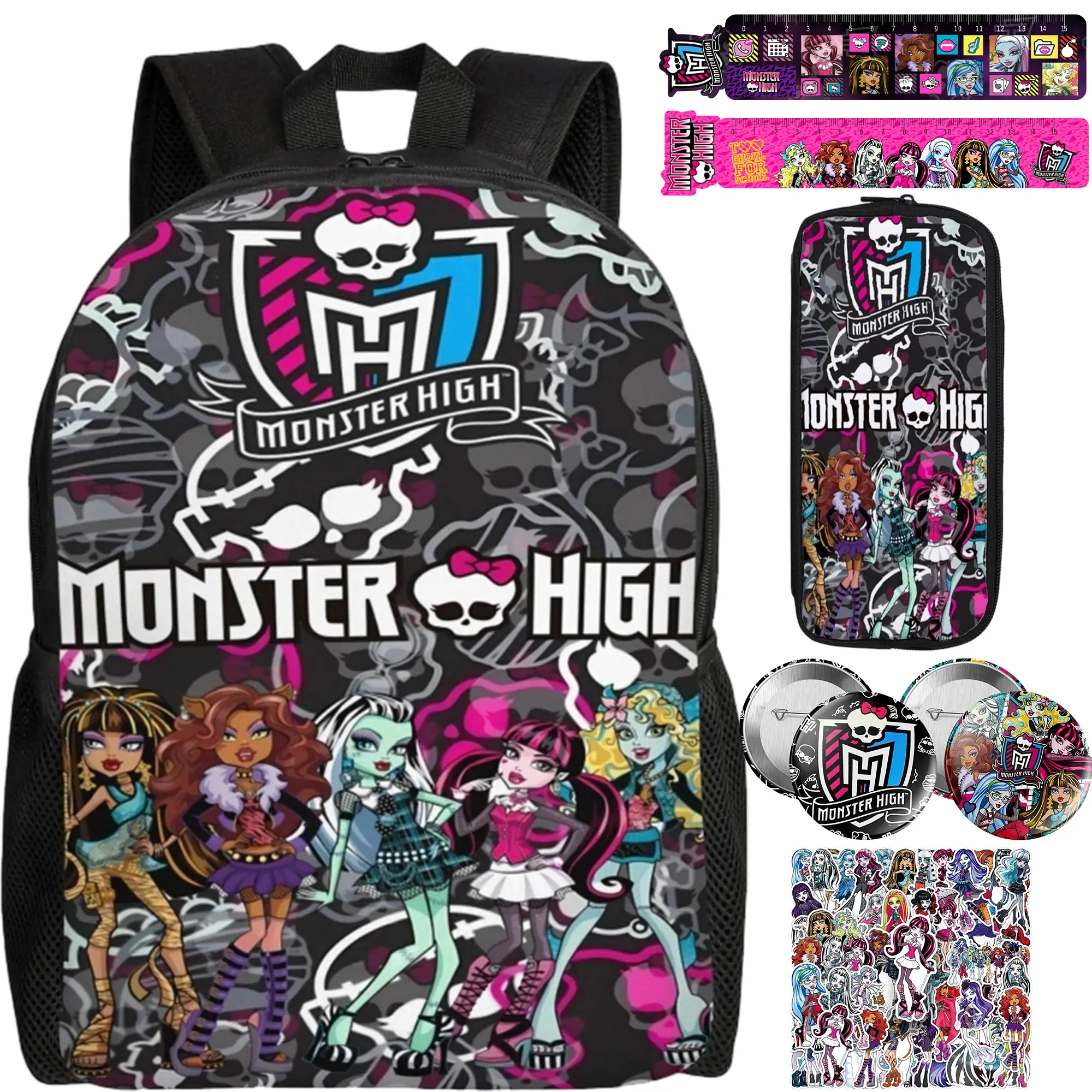 Monster High Merch Backpack Set with Backpack, Pencil Case, 2 Rulers, 2 Badges and 10 Stickers, Doll Graphic Laptop Bookbag for Teens Girls, Casual Travel Bag, Great Present for Birthday Xmas Holiday Gift