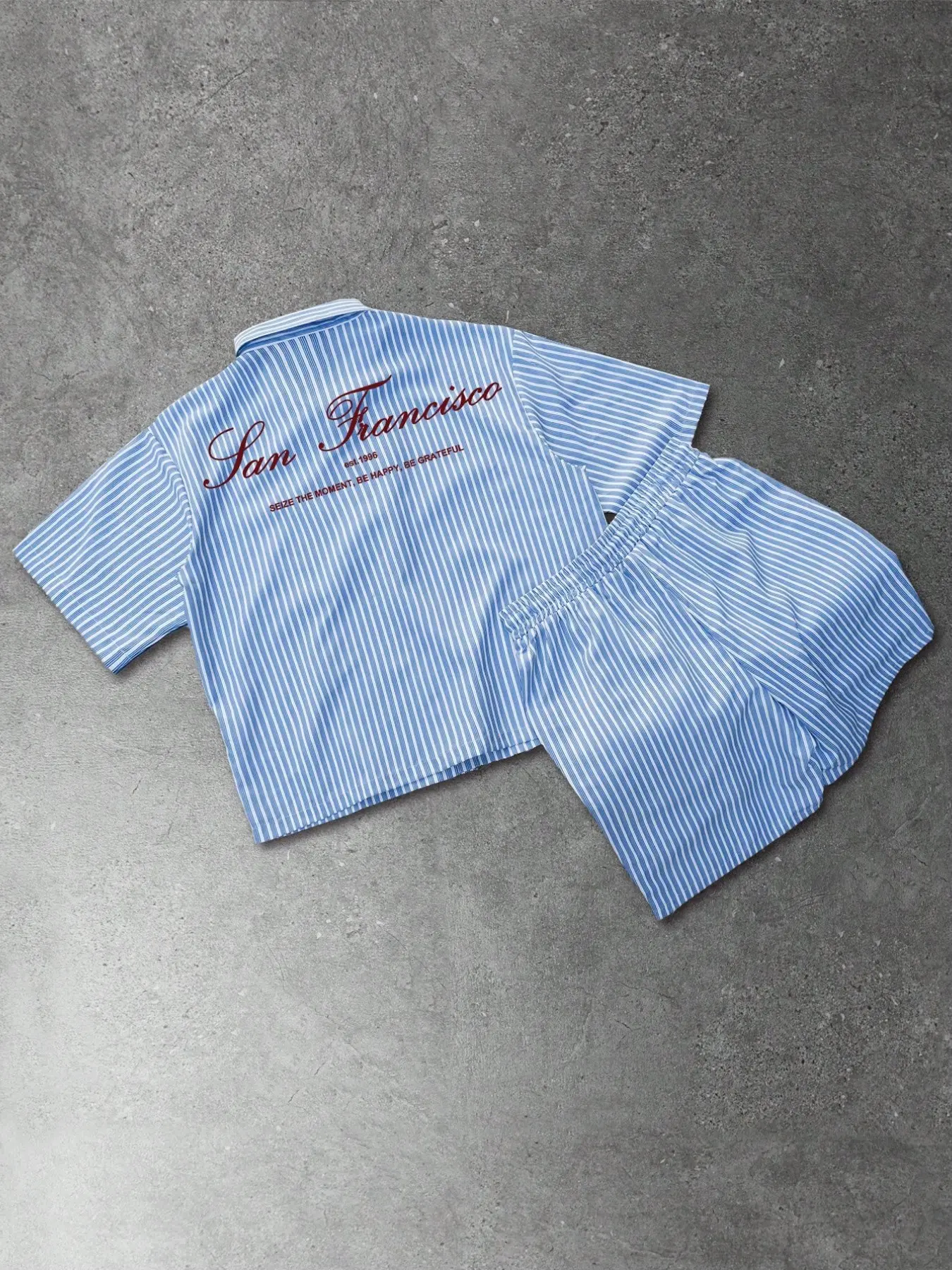 This men's shirt and shorts set includes a short-sleeved striped shirt and matching striped shorts. The shorts feature an elastic waistband and side pockets. It's a gift for a boyfriend or husband, and ideal for cou, Clothes