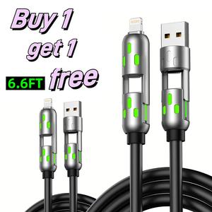 [Buy 1 Get 1 Free] 6.6ft  4-in-1 Multi USB Charging Cable with USB A,Type C,Lightning-MAX65W Fast Charging & Data Sync for iPhone16/15,iPad Pro,  fast charger usb cable 4-in-1 fast Breathing Light  -max 1 usb-c data 4 1 charging cable