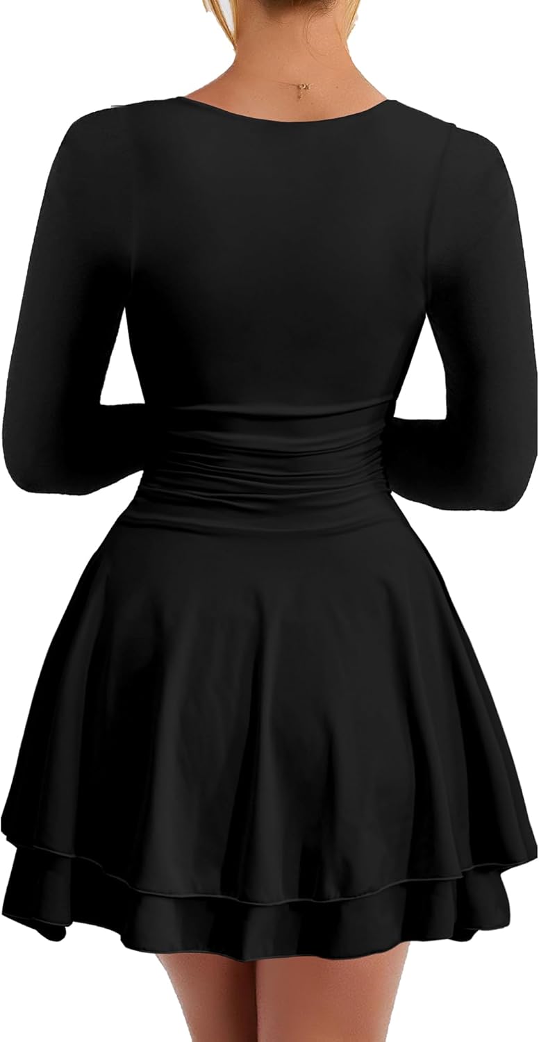 Women's Square Neck Ruffle Hem Mini Dress Ruched Waist Long Sleeve Corset Short Party DressesWomen's Square Neck Ruffle Hem Mini Dress Ruched Waist Long Sleeve Corset Short Party Dresses