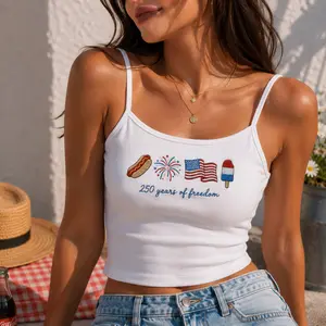 Embroidered USA Icons Tank Top, 4th of July Ribbed Cami, 250 Years of Freedom America Shirt, Patriotic Hot Dog Flag Popsicle Summer Crop