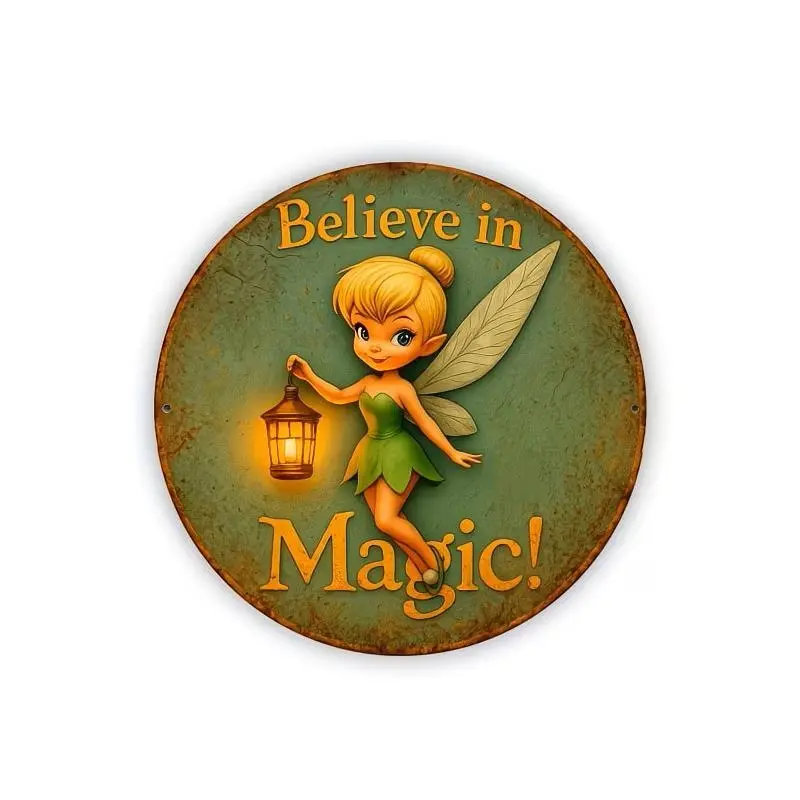 Disney Classic Tinker Bell "Believe in Magic!" Print Round Vintage Metal Tin Sign - Fairy Vintage Speciality Plaques & Signs, Retro Wall Decoration, Rustic Art for Garden/Kids Room, Disney Fan Gift