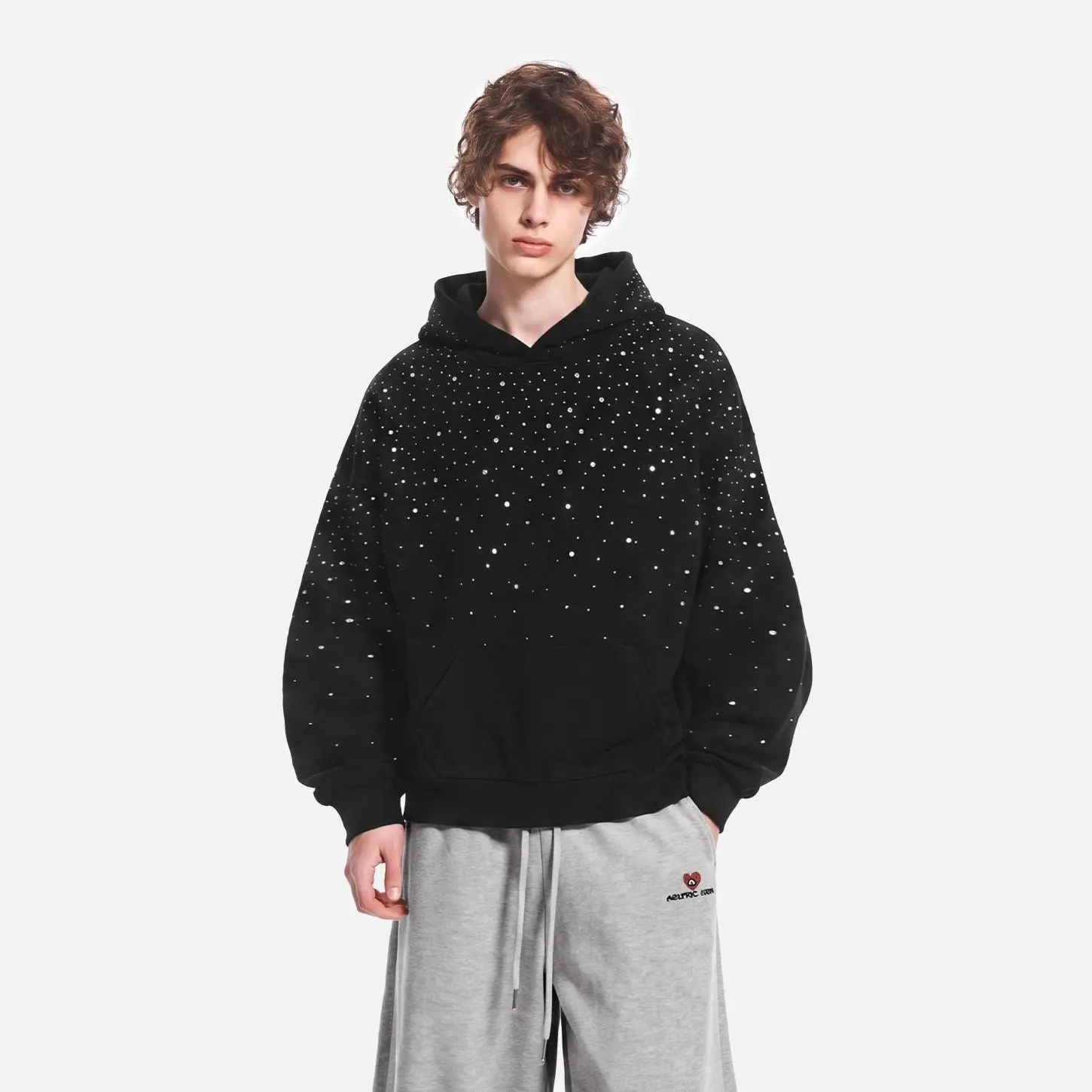 Aelfric Eden Starry Rhinestone Hoodie Dense Rhinestone Embellishment Rhinestone Brim Lettering Oversized Fit Unisex Vintage Streetwear Hoodie