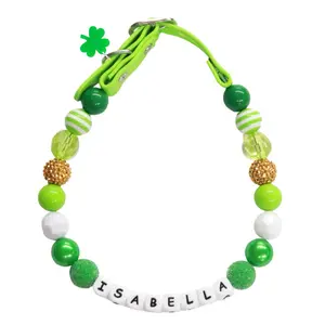 Saint Patrick Beaded Name Collar for Dogs - Small, Medium and Large Pets-Adjustable Handmade in the USA with Green Beads-Personalized Colors-Isabella