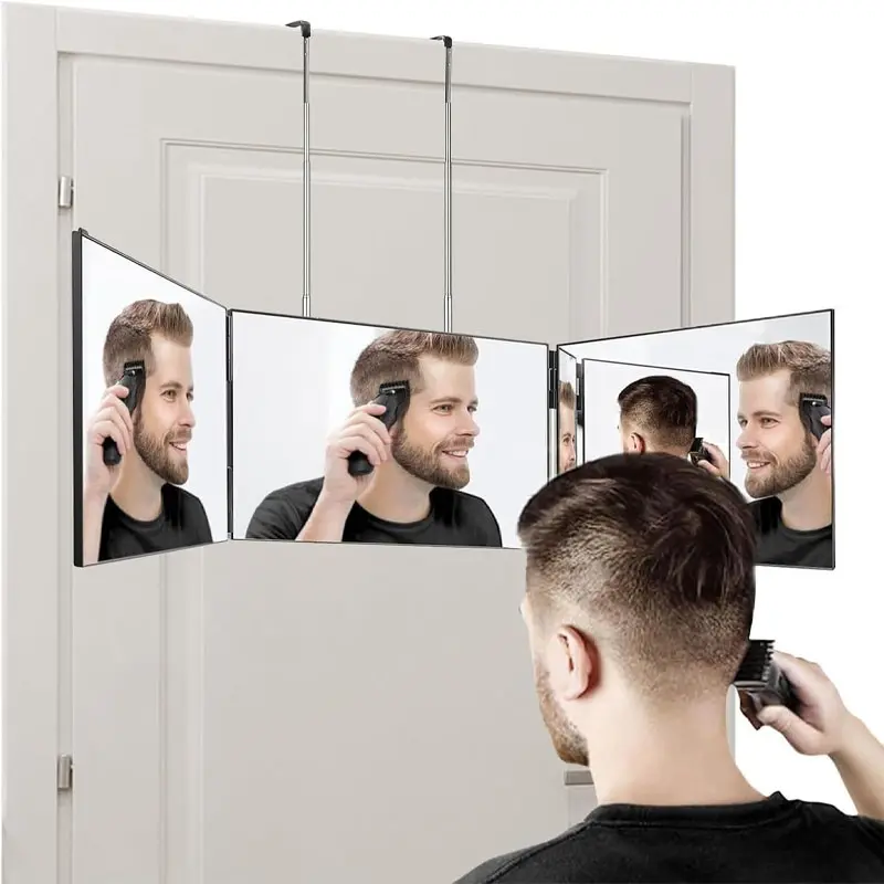 Portable Lightweight Three-Way Shaving Mirror, 360 Degree Adjustable Foldable Plastic Door Mirror, Hairdressing Mirror, Grooming Mirror, Makeup Folding Mirror, Durable, Perfect Gift for Boyfriend, Trifold Makeup Mirror, Trifold Barber Mirror