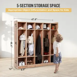 5-Section Kids Cubby Storage Locker Wooden Organizer with 10 Cubbies Hooks and Wheels Mobile Storage Cabinet for Daycare Preschool and Home