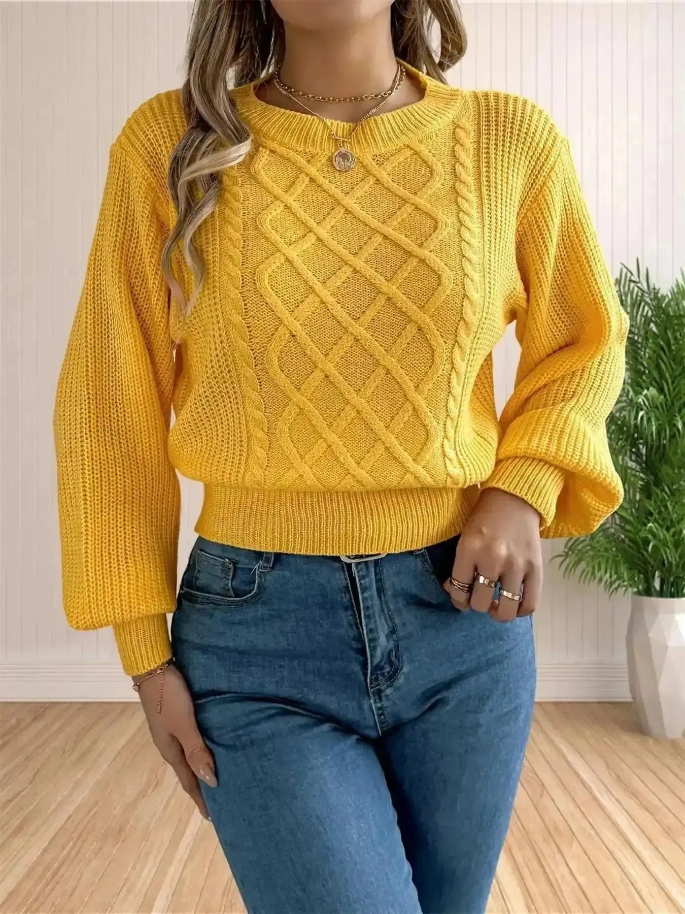 Women's Cable Knit Drop Shoulder Sweater, Casual Long Sleeve Round Neck Jumper for Fall & Winter, Fashion Ladies' Knitwear Daily Wear, Cozy, Versatile, Comfort, Style, Outfit, Essential, Trendy, Chic, Elegant