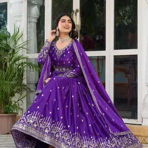Women's American Silk Gown Set Indian Wedding Party Wear Collection Traditional Suit for Women's Wear Clothes - Womenswear Dress in Purple with Comfort Features Embroidery Comfortable Elegant