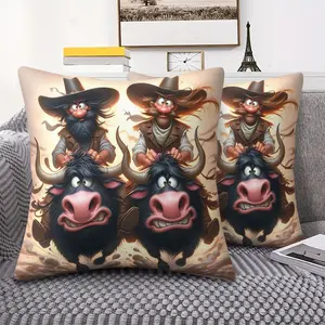 Whimsical Cowboy Themed Throw Pillow with Digital Print, 45cm Square with Inner Cushion Decorative Pillow, Zipper Closure, Featuring Cartoon Cowboys & Fluffy Bulls Design, Perfect Soft Accent for Your Living Room Sofa & Cozy Spaces