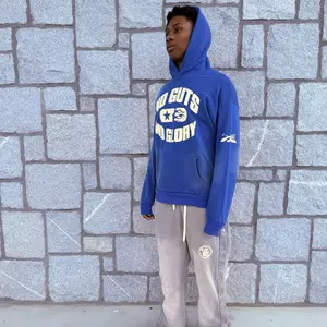 Hellstar Blue "No guts No Glory" Hoodie with White Lettering and Logo on Sleeve