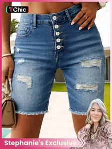 Women's Slim-Fitting Ripped Denim Shorts, Blue Elasticity Design, Perfect Fit & Comfortable Wear, Ideal for Casual, Distressed Jeans Shorts