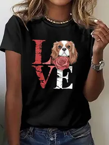 LOVE with Cavalier King Charles Spaniel Print T-Shirt, Short Sleeve Crew Neck Casual Top for Summer & Spring, Women'S Clothing