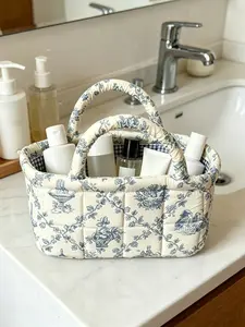 Retro Floral Print Quilted Storage Basket, Foldable Snack Basket, Laundry Basket, Bathroom Organizer, Home Organizer, Bedroom Essentials