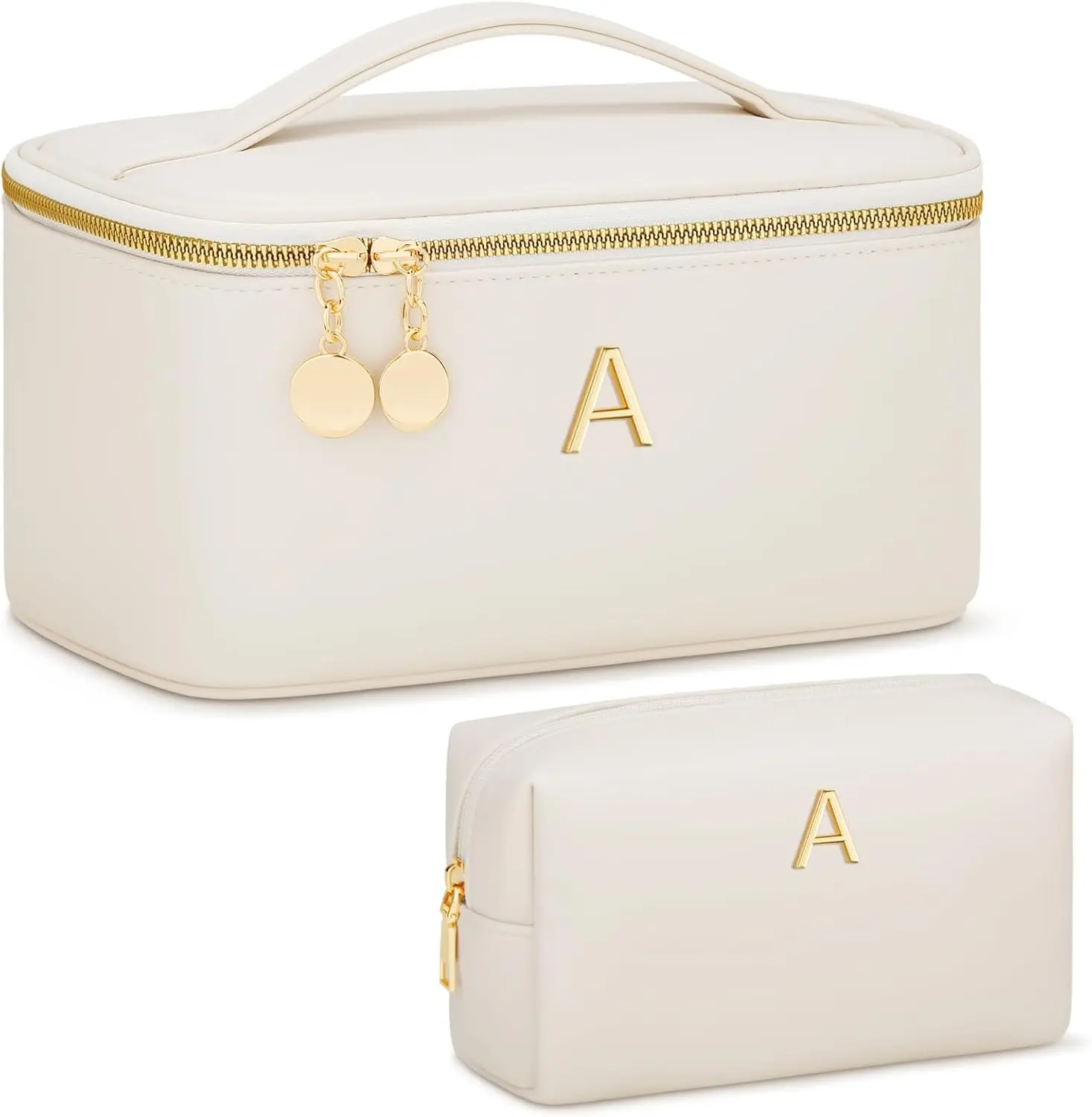 Personalized Initial Makeup Bag Gifts for Women, Large Travel Cosmetic Organizer with Handle & Divider, PU Leather Toiletry Bag for Girls, Birthday Bridesmaid Gift Set