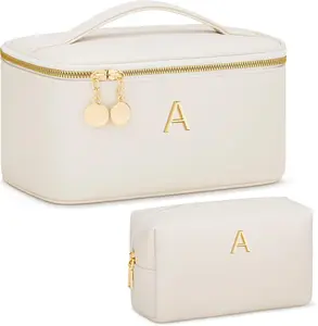 Personalized Initial Makeup Bag Gifts for Women, Large Travel Cosmetic Organizer with Handle & Divider, PU Leather Toiletry Bag for Girls, Birthday Bridesmaid Gift Set