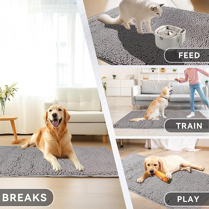 Low density low lint bathroom mat washable dog door mat, quick drying chenille pet door mat, machine washable indoor and outdoor carpet gray