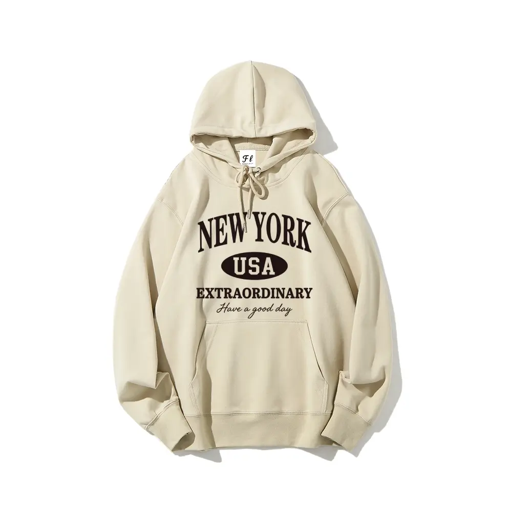 Men's & Women's New York USA Varsity Cotton Hoodie - Retro Collegiate Style, Extraordinary Graphic, Cream Aesthetic Fleece Crewneck Sweatshirt, Casual Oversized Hooded Pullover Top