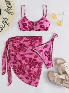 Three-piece Set Set Women's Leaf Print Bikini Set, Sexy Chic Swimsuit Set, Ladies Swimwear for Beach Holiday Vacation, Bikinis Sets