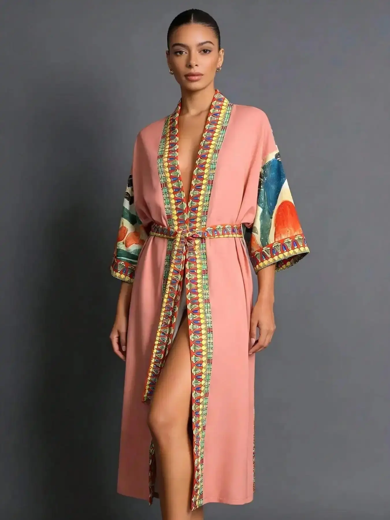 Boho Vintage Floral Print Belted Kimono Cardigan Long Sleeve Loose Lightweight Thin Coat for Men and Women Ethnic Beach Vacation Streetwear Womenswear all season versatile outerwear lightweight layer cozy layer