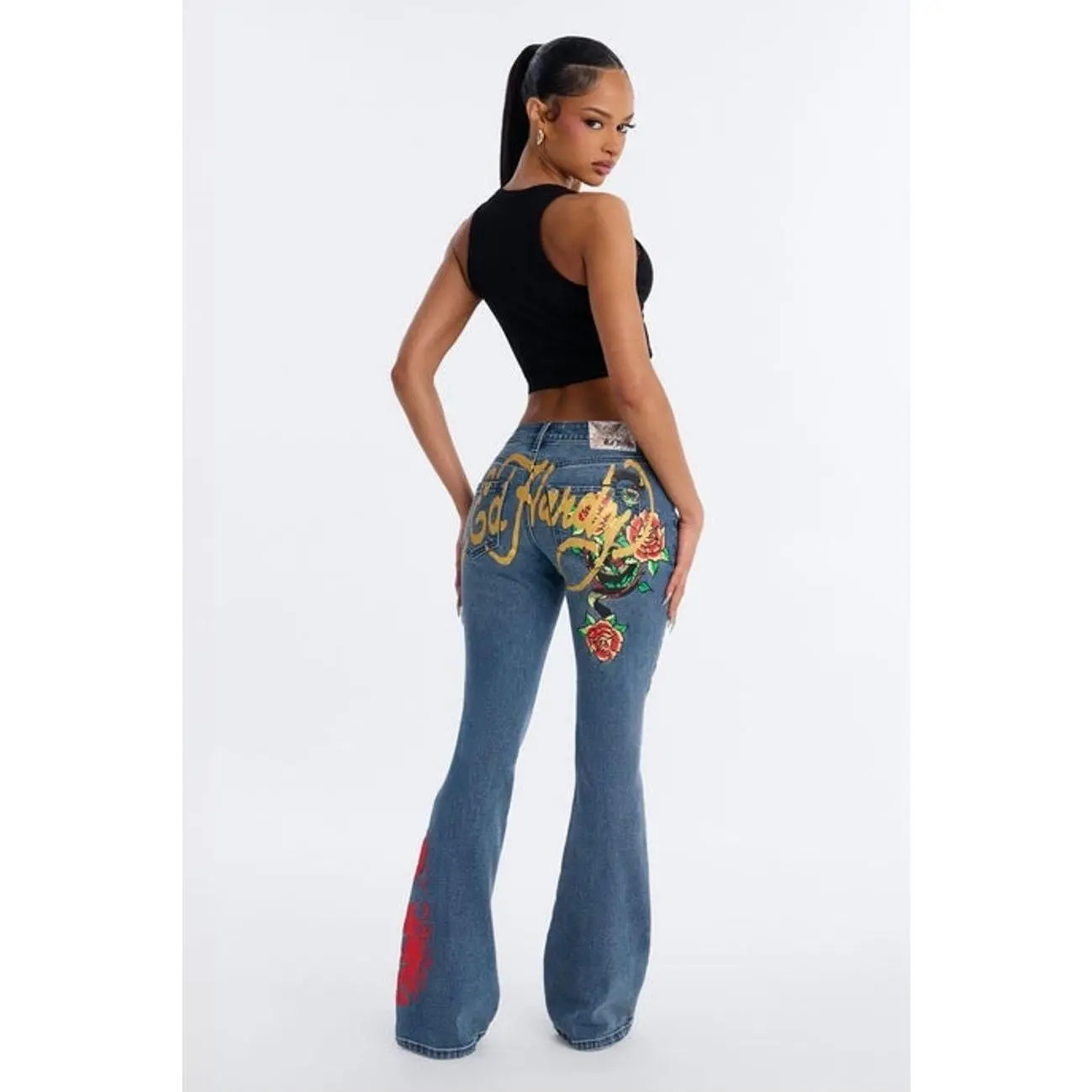 Ed Hardy Snake Rose Low Rise Bootcut Jeans - Vintage Wash 2