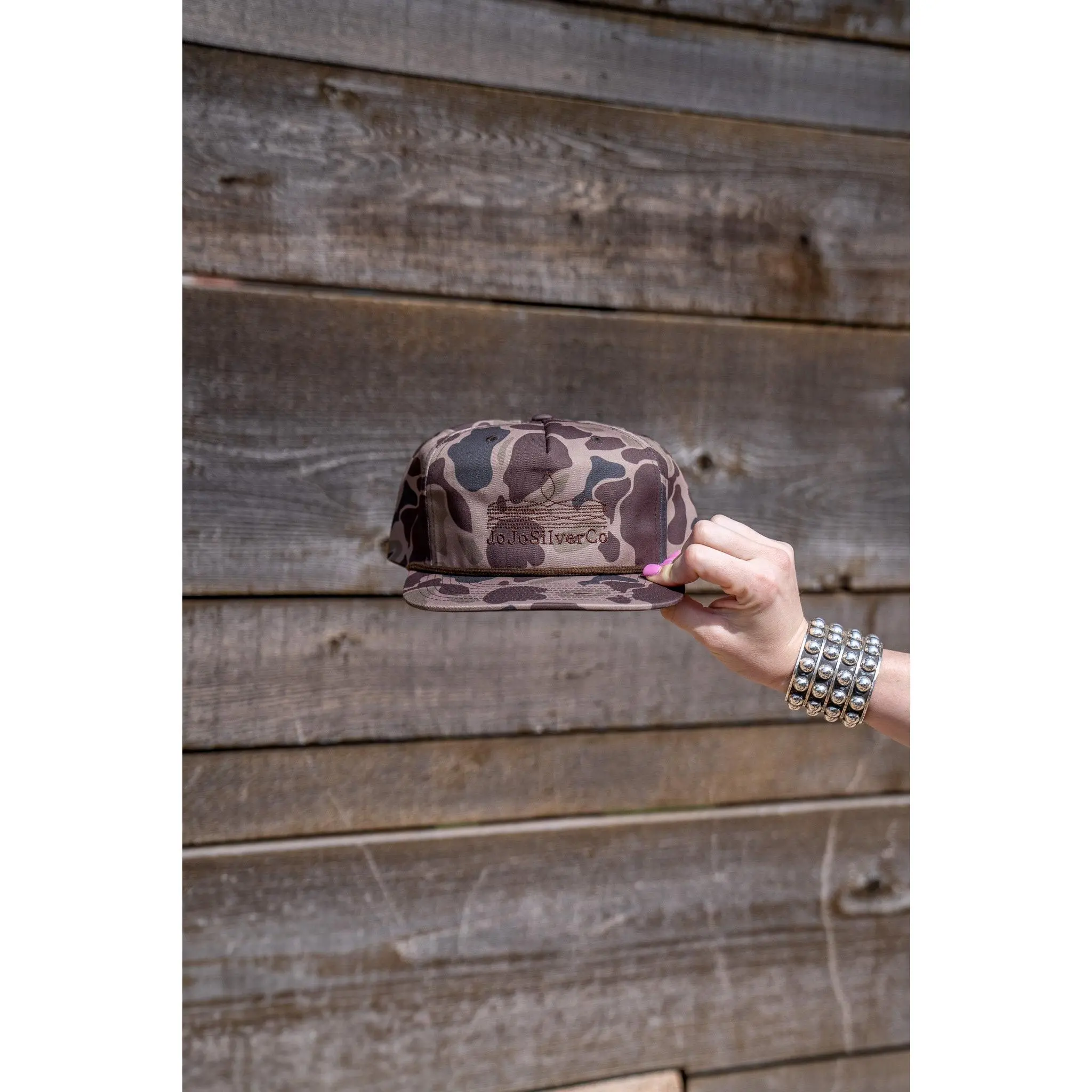 Embroidered Bootstitch Snap-Back Hat, Brown Camouflage Silver Jewelry Accessory, Embroidery