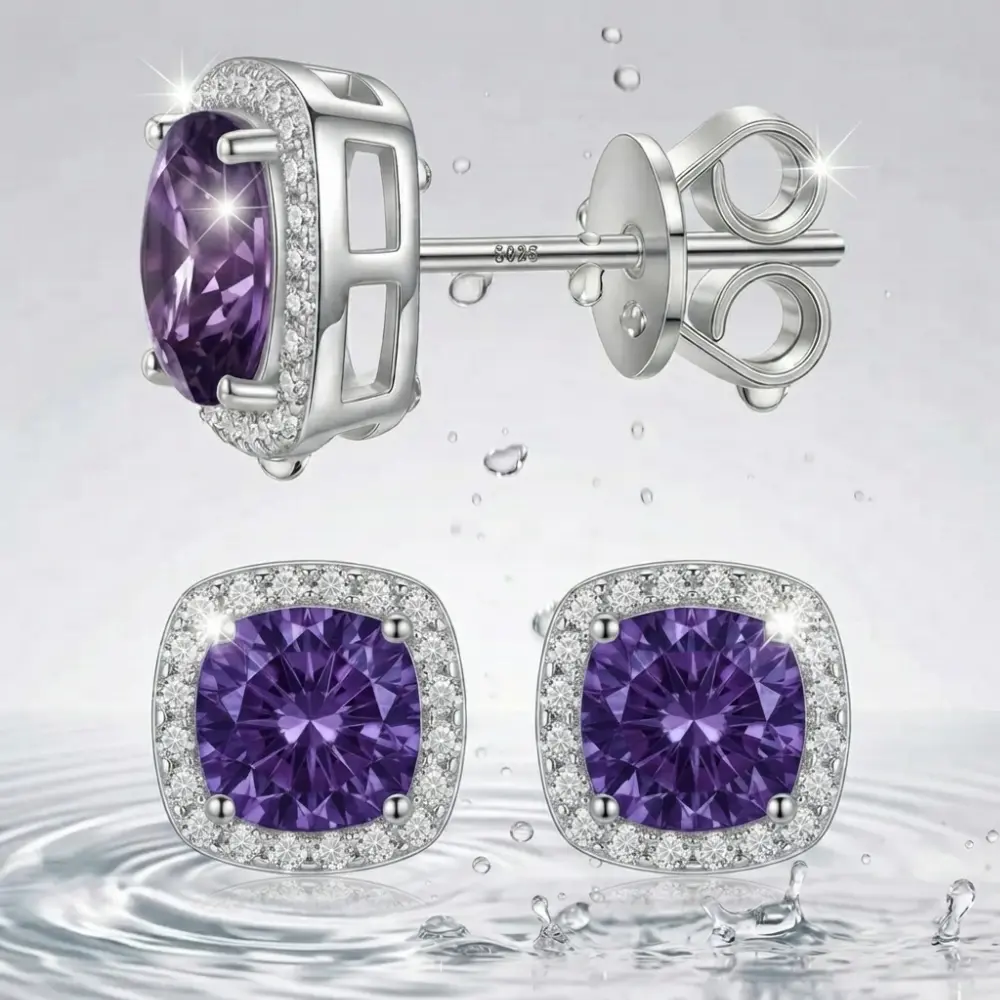 S925 Sterling Silver Round Halo Stud Earrings - Gold-Plated Hypoallergenic Jewelry Inlaid with 6A Grade Purple Cubic Zirconia, Dainty Minimalist Unisex Anniversary Gift Earrings