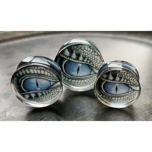 PAIR of Stunning Blue Dragon Eye Encased Acrylic White Walker Saddle Plugs - Gauges 0g (8mm) thru 1" (25mm)