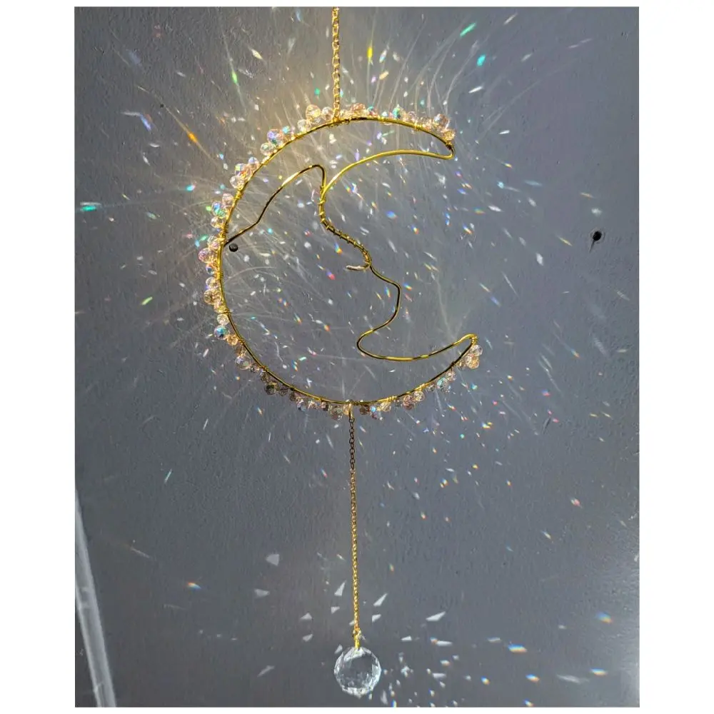 Handmade Cat & Moon Crystal Suncatcher | Wire Wrapped Crescent Moon Window Hanging | Rainbow Sun Catcher | Celestial Cat Decor