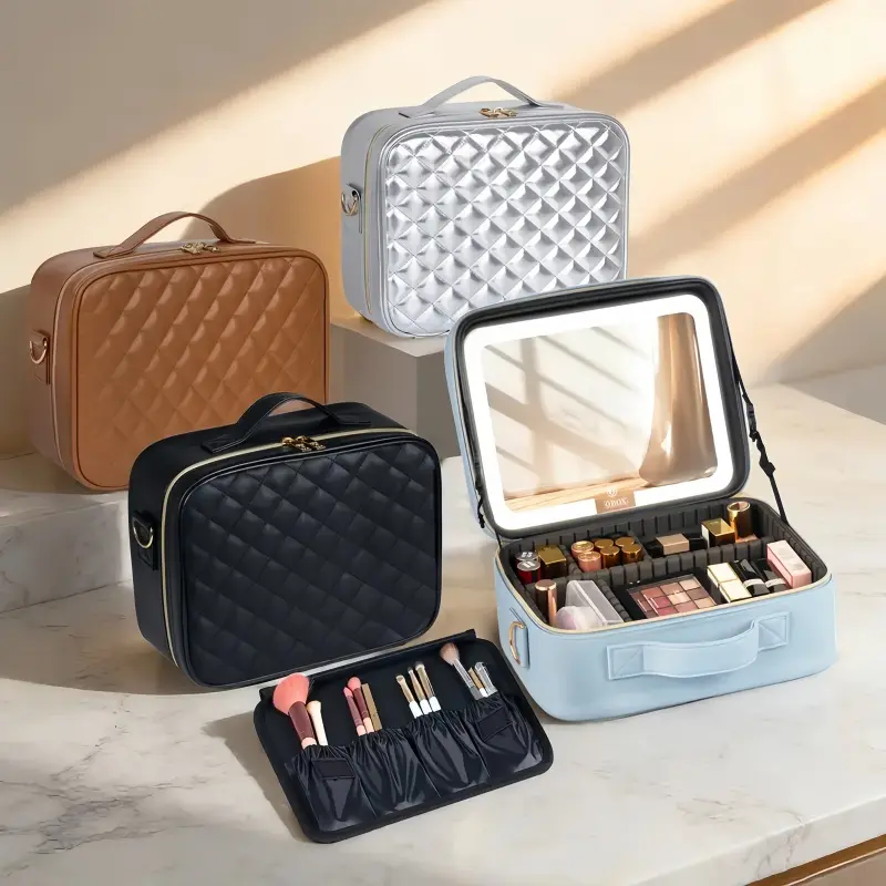 LED Makeup Bag with Light Up Mirror, 10in/12in Travel Cosmetic Case with Rechargeable Vanity Mirror, 3 Color Dimmable Lights, Adjustable Dividers, Waterproof PU Leather Makeup Organizer for Travel & Home, Perfect Gift for Women