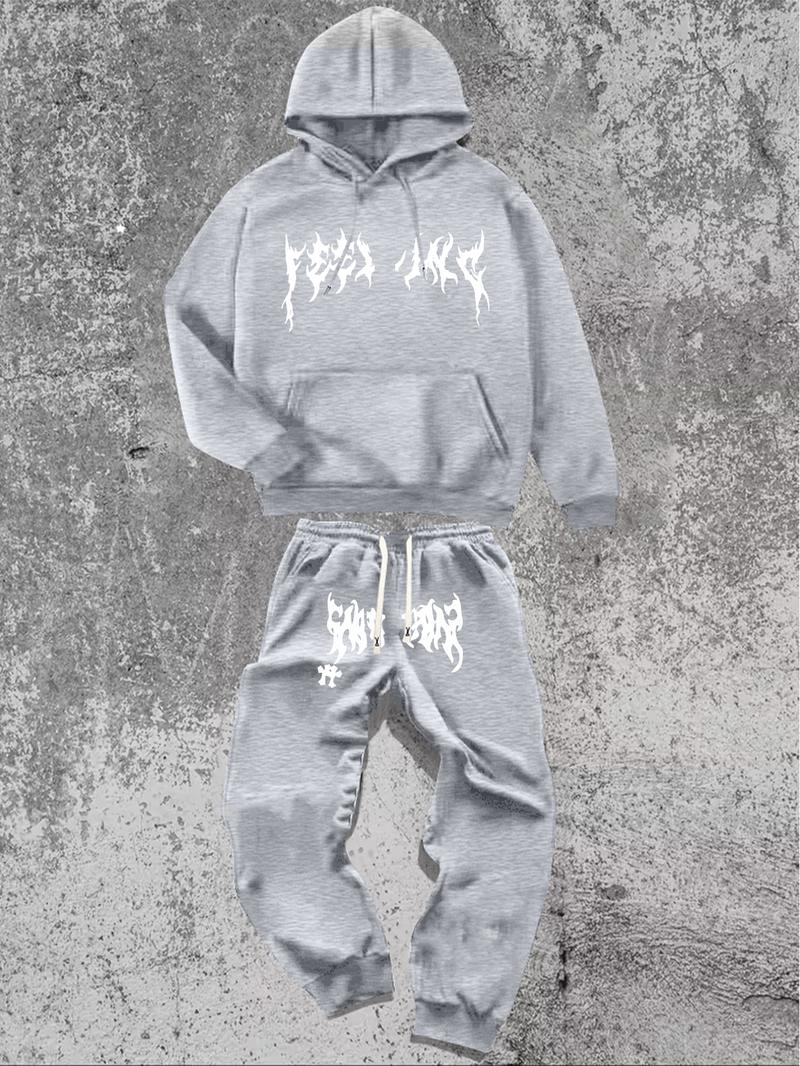 Men's Hoodie and Pants Set American Streetwear with Lightning Cross Print Stylish Casual Wear Featuring Slight Stretch and Detailed Pockets Black Trouser Longsleeves