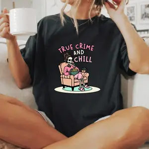 True Crime and Chill T-Shirt | Skeleton Lounging Illustration