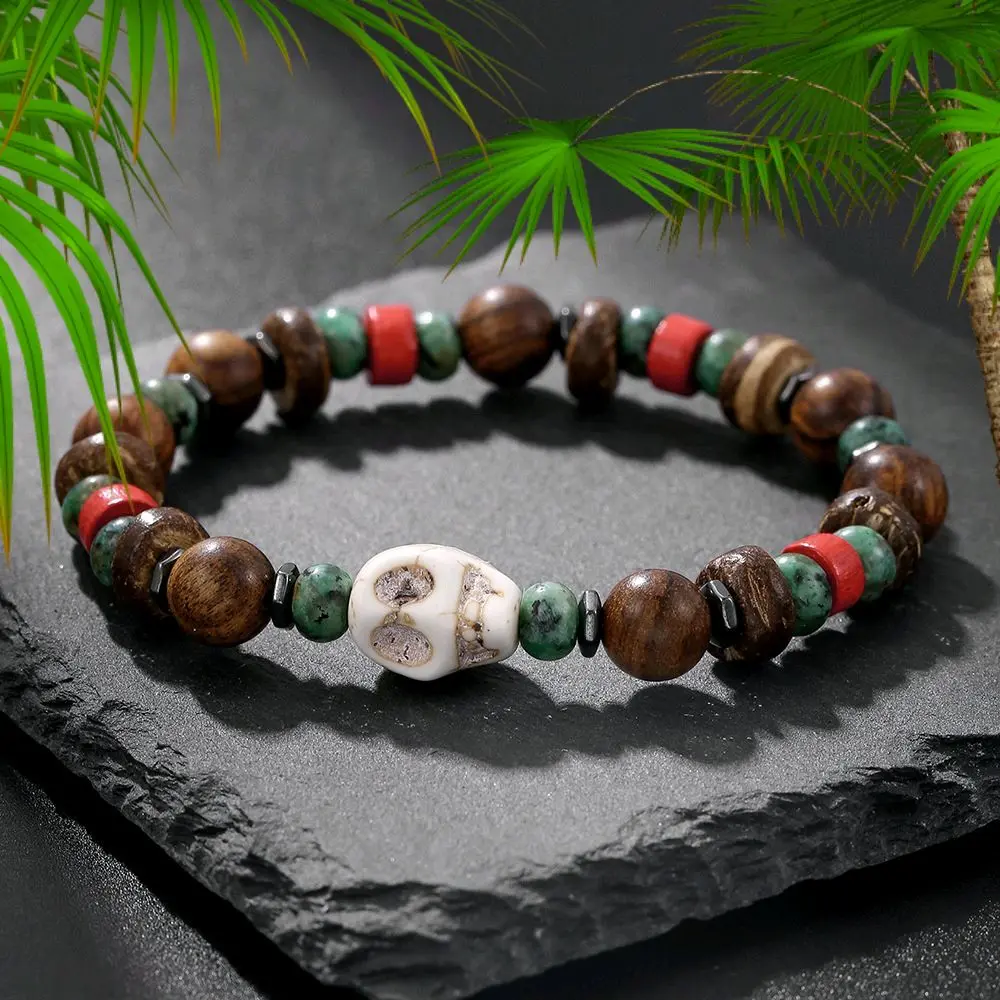 Handmade Bead Skull Bracelet Vintage Style Pine Stone Wooden Bead Unique Jewelry Great Gifts Women & Men