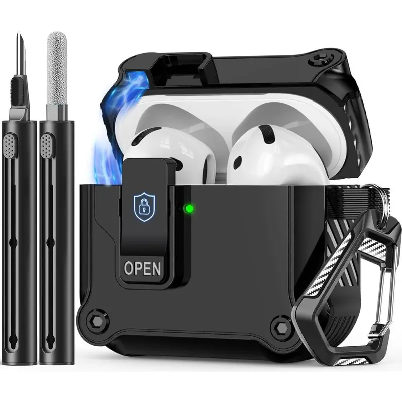 Compatible Case for AirPods 4th Generation, with Cleaner Kit, Automatic Snap Switch Secure Charging Cover for New AirPods 4 [with Active Noise Cancellation] (2024)-Black