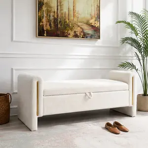 ARCH Modern Teddy Upholstered Storage Bench Ottoman with Arms, Multiple Color Options, Comfy Foot Rest Stool, Bedroom Living Room Entryway Dorm Window Vanity Seat, Cream/Grey/Navy Blue/Orange/Olive Green/Coffee, 52.3"L x 18.5"W x 24.4"H