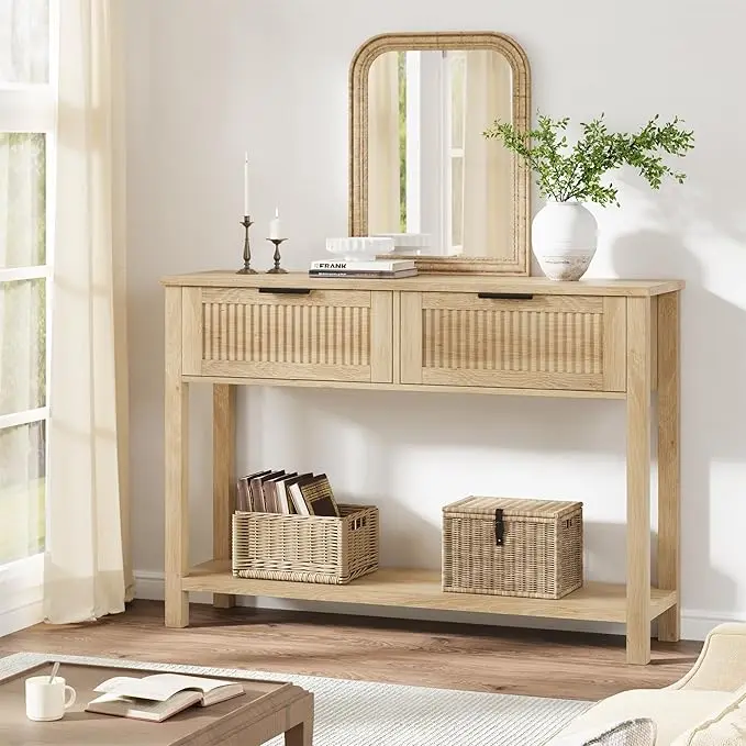 Farmhouse Entryway Table,43 Inch Wood Console Table with 2 Drawers 2 Tier Sofa Table with Storage for Living Room  Foyer Tables for Entryway